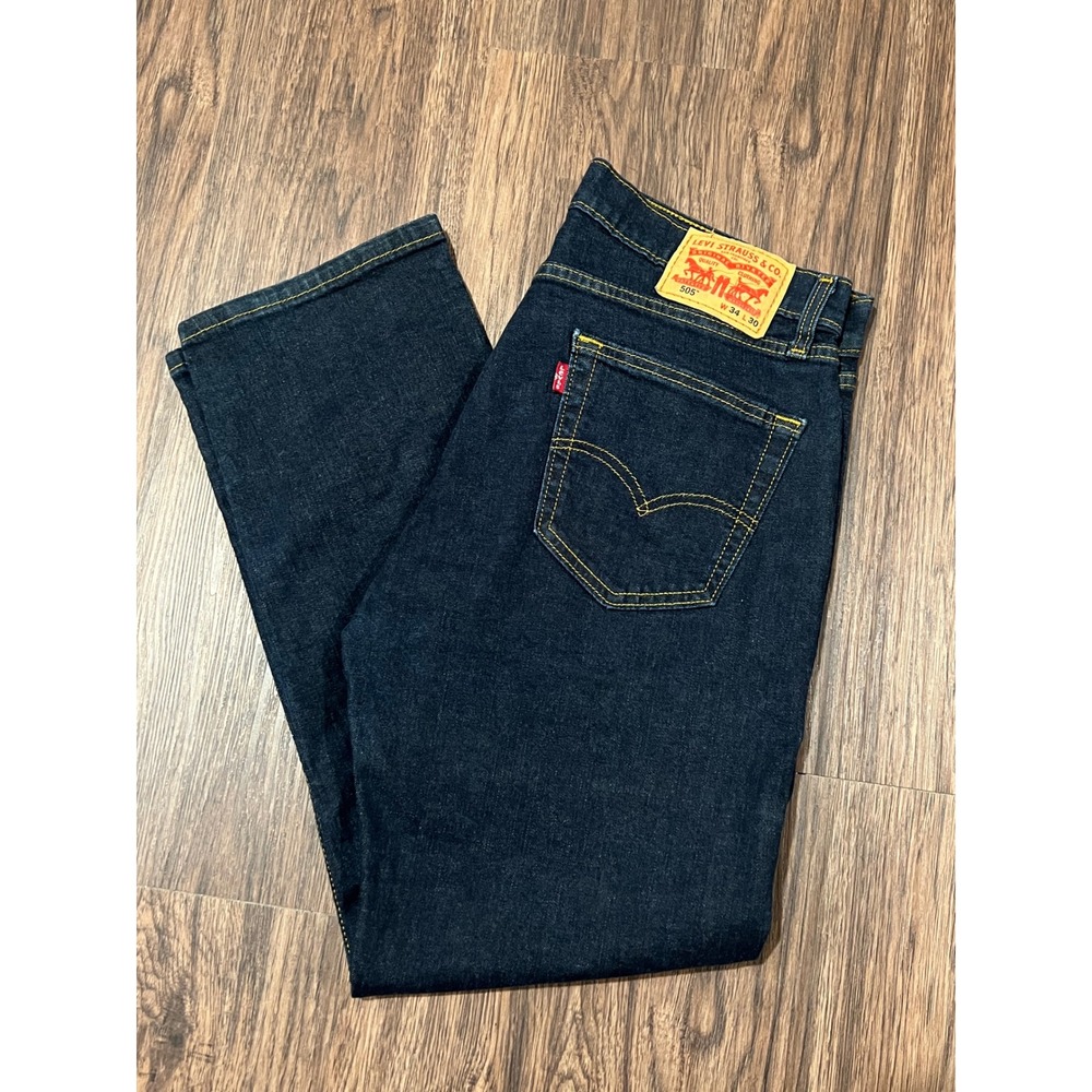 Levis 505 Regular Fit Jeans Mens 34x30 Dark Wash Indigo Straight Leg Denim